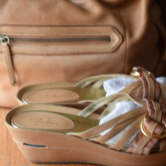 Cole Haan Multi Tan Leather Bag and Sandals Size 9 Nice! - Picture 4 of 14